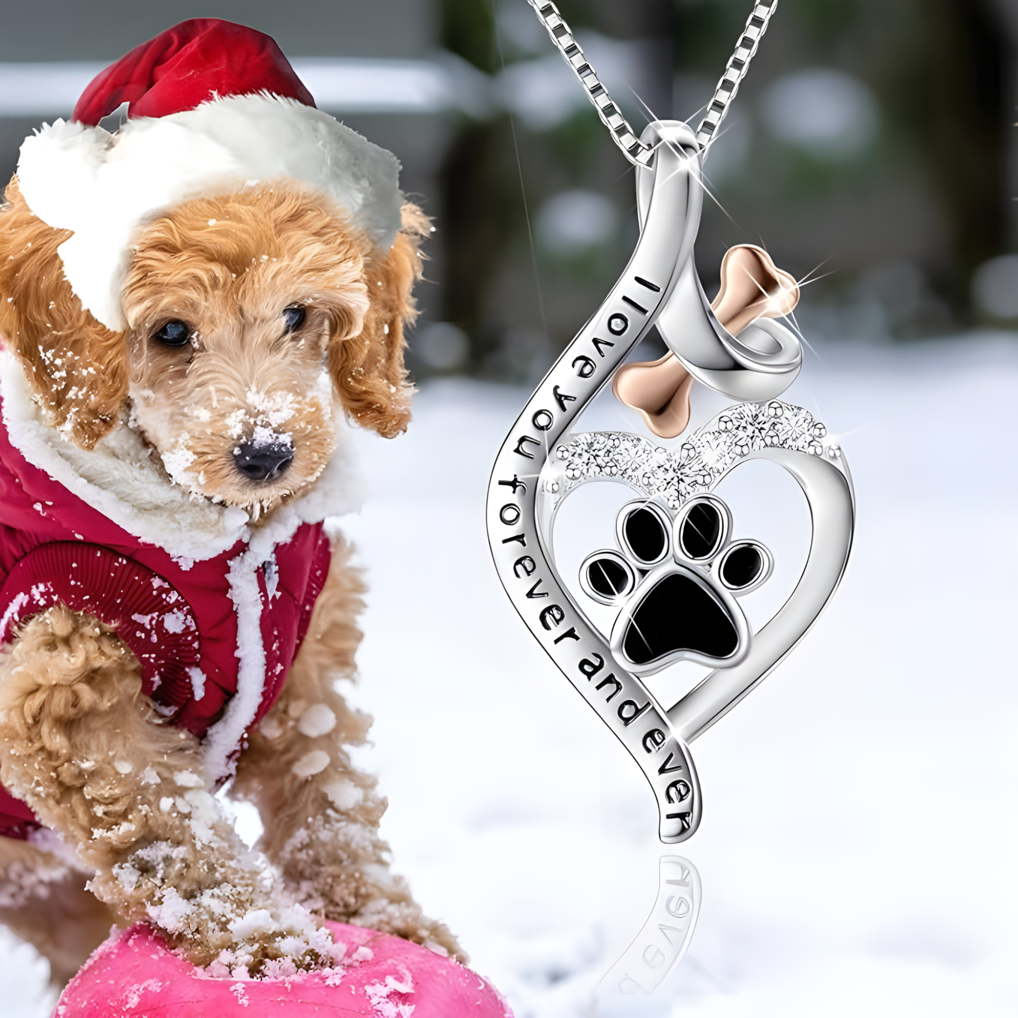 Lucky Paw Necklace with Heart,Bone & Infinity “Always in My Heart” Pendant