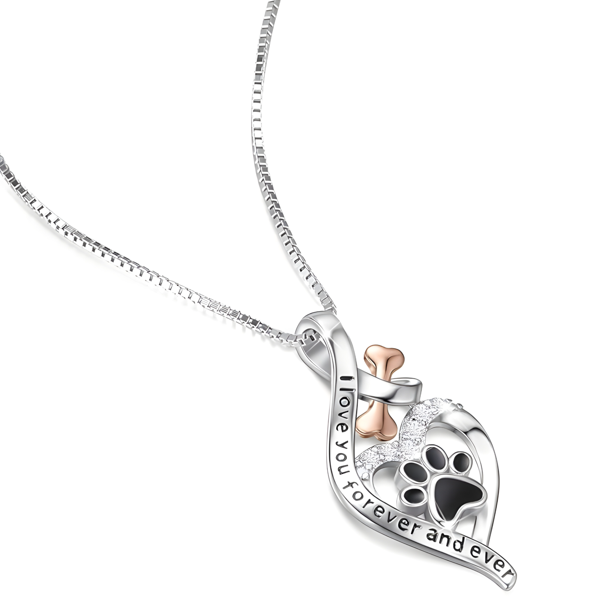 Lucky Paw Necklace with Heart,Bone & Infinity “Always in My Heart” Pendant