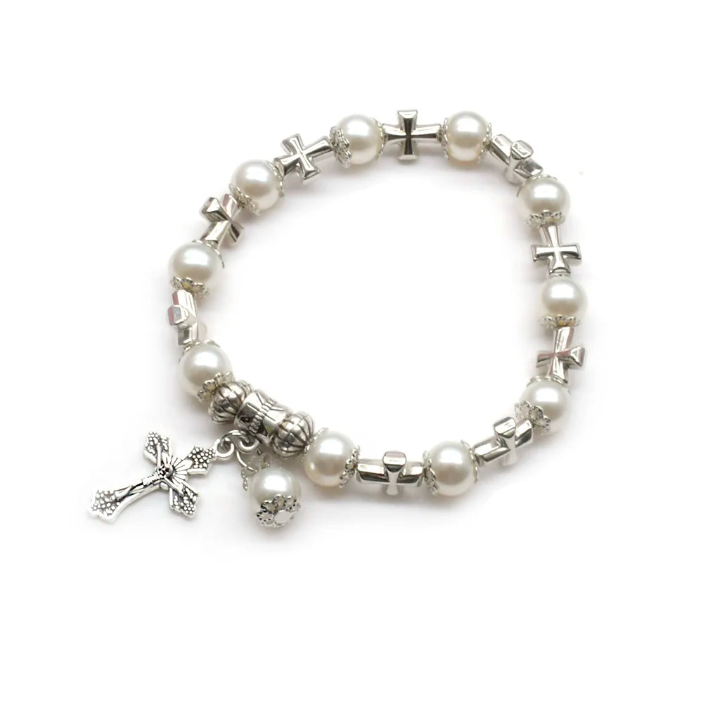 White Glass Pearl Cross Elastic Rosary