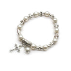 White Glass Pearl Cross Elastic Rosary