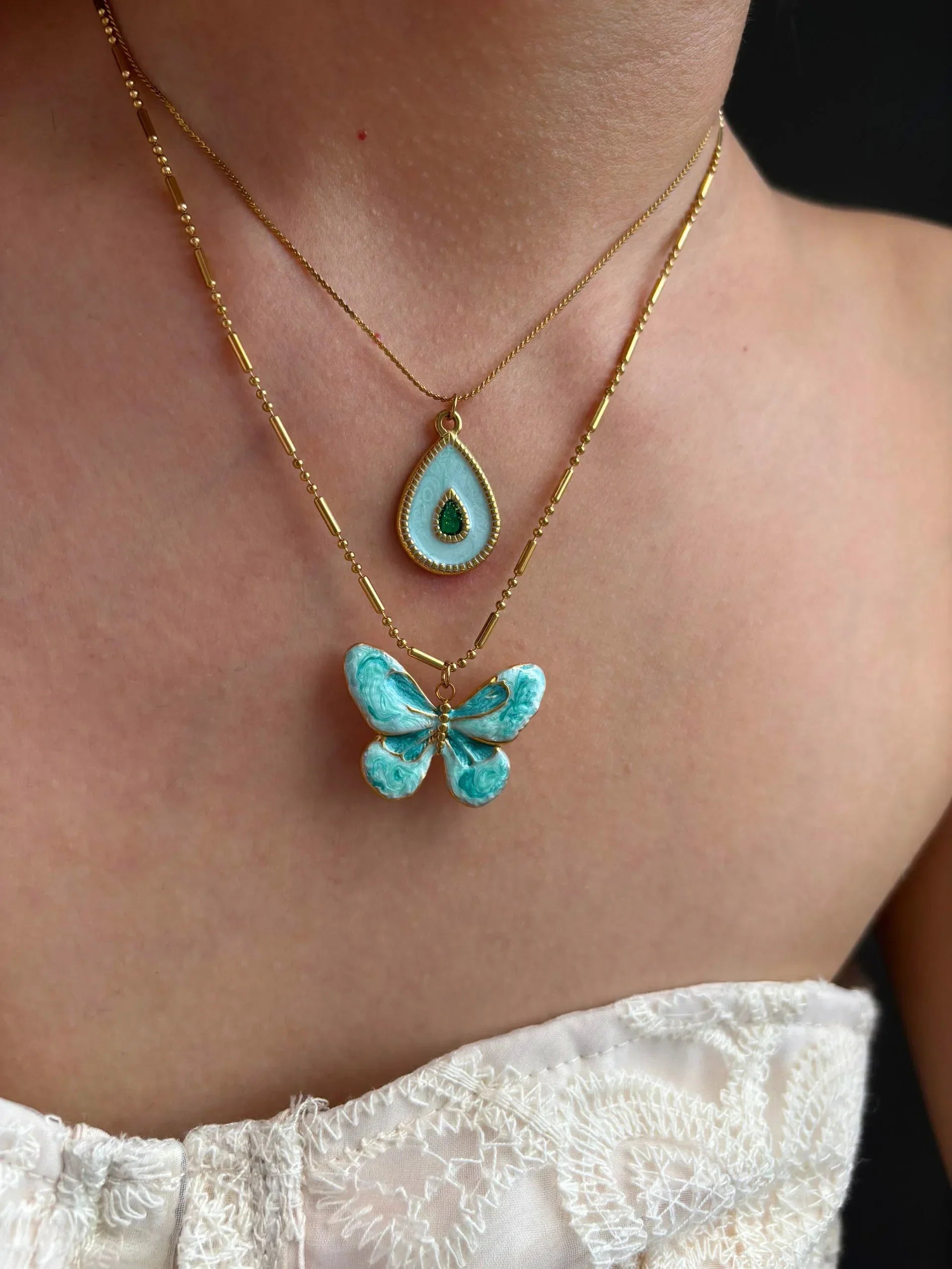 Cute Blue Butterfly Waterdrop Necklace Set