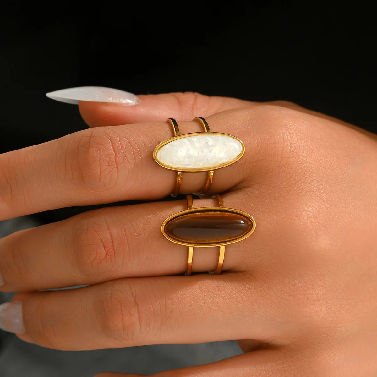 Gold Oval Cabochon Double Ring