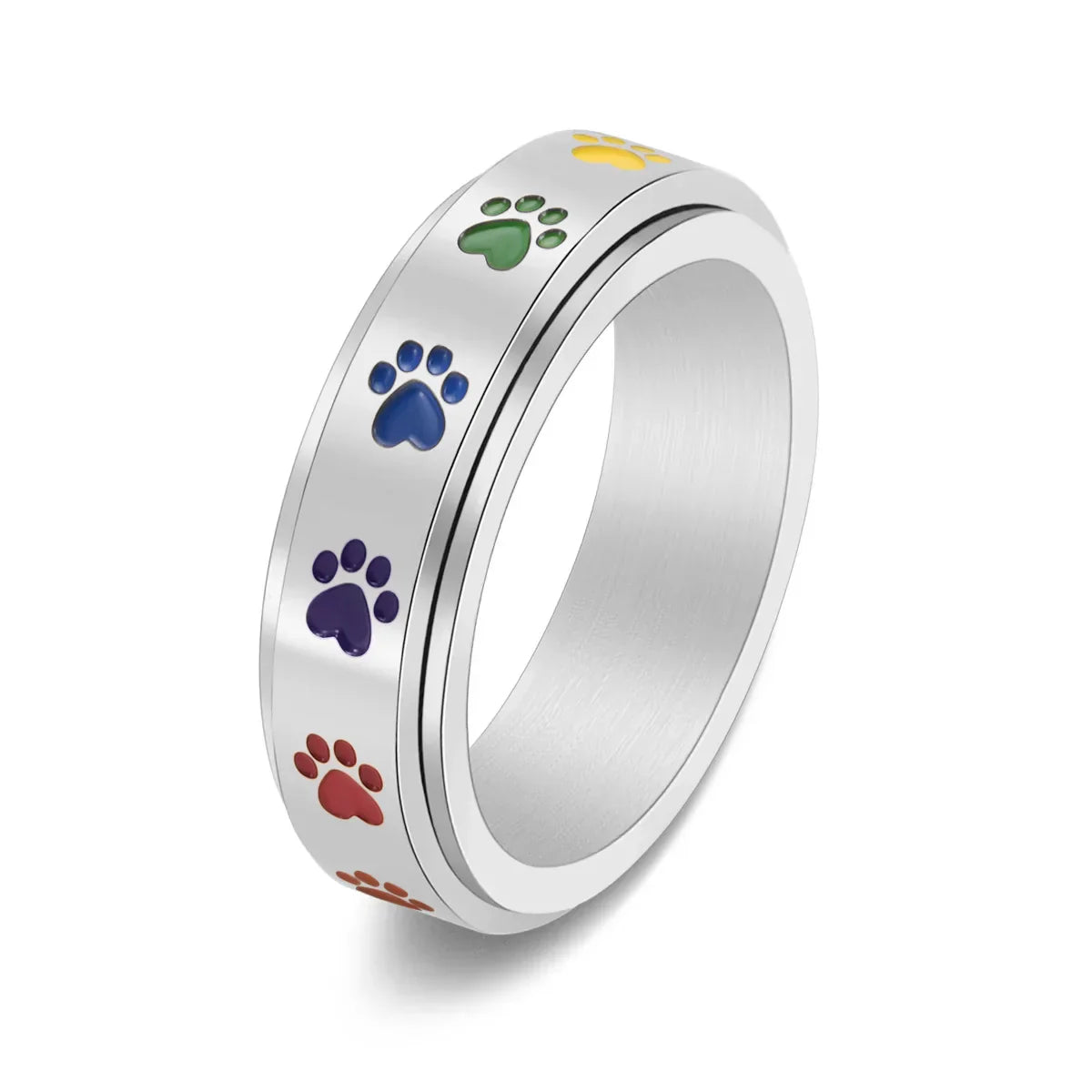 Spinning Stress Reducing Paw Ring Stainless Steel with Rainbow Paws