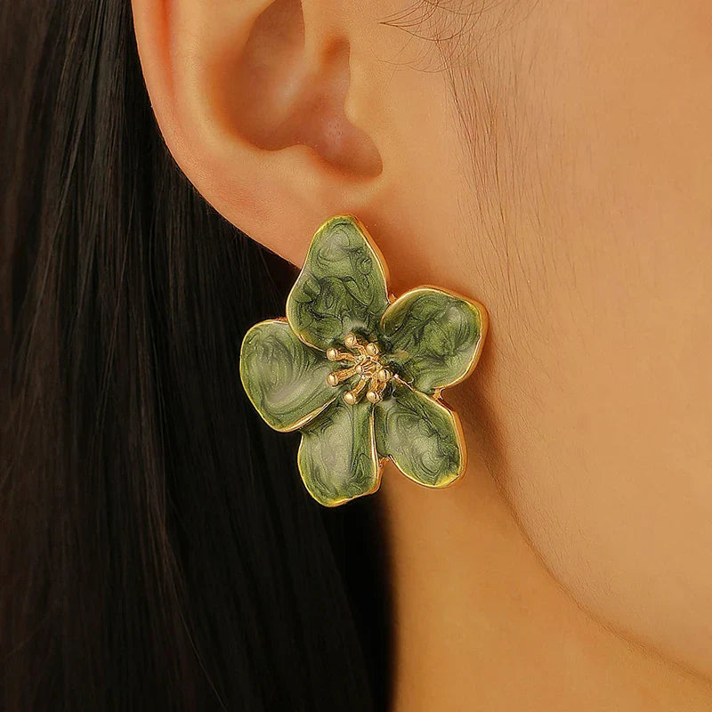 Vintage Green Enamel Flower Stud Earrings
