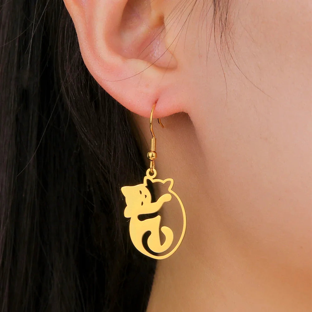 Cat Hug Drop Earrings — Stainless Steel