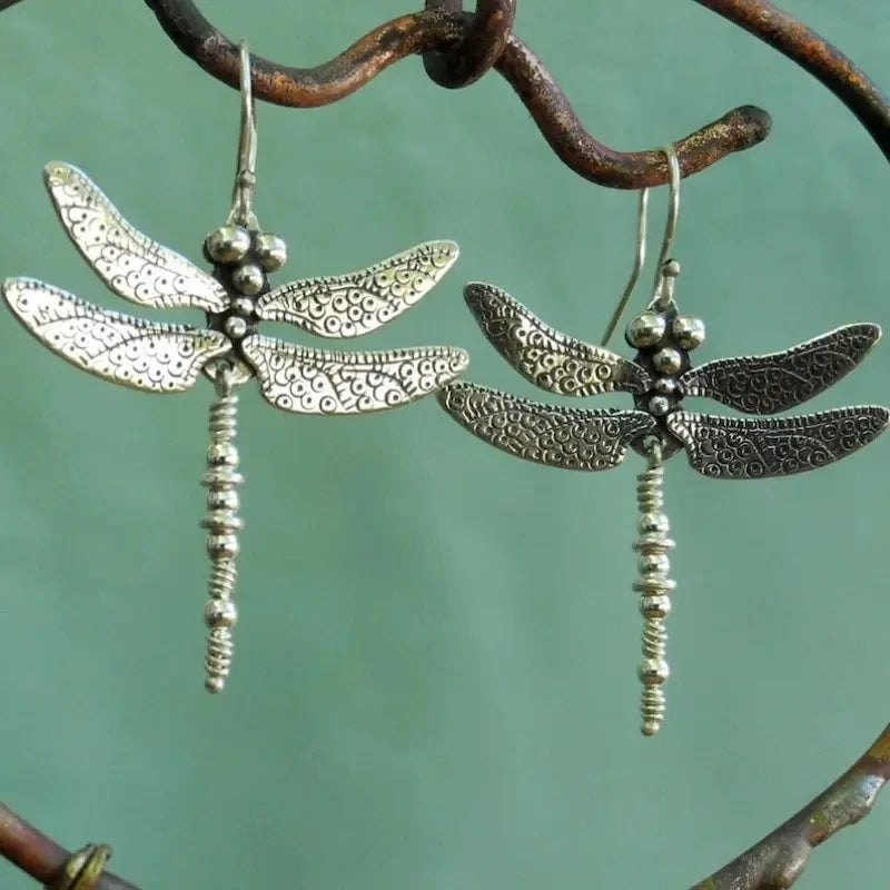 Silver Vintage Dragonfly Carved Pattern Retro Earrings