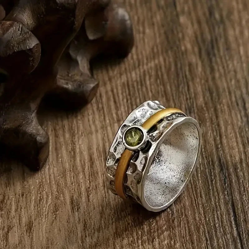 Hammered Silver Gold Peridot Band