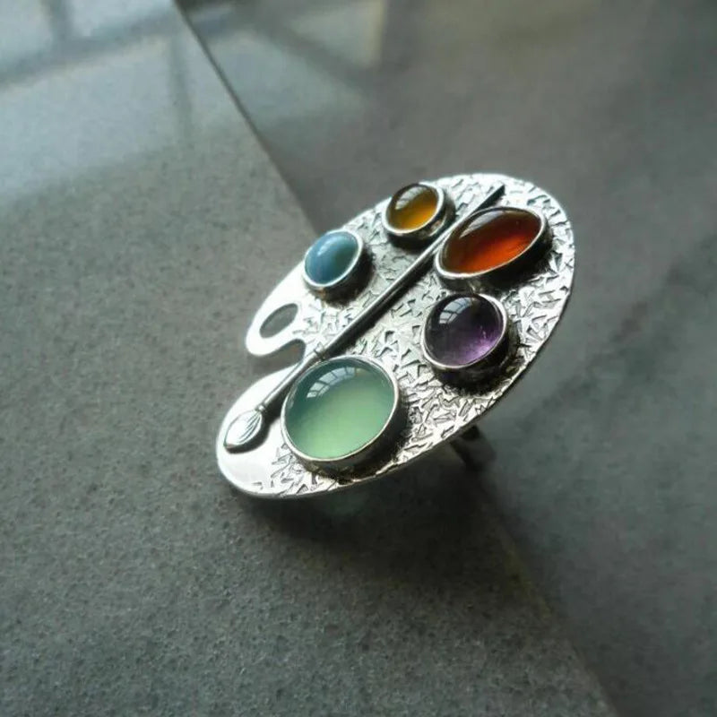 Artist Palette Multicolor Gemstone Adjustable Ring