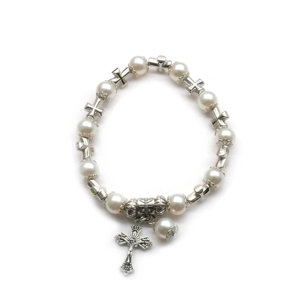 White Glass Pearl Cross Elastic Rosary
