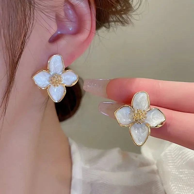 Elegant White Enamel Flower Earrings