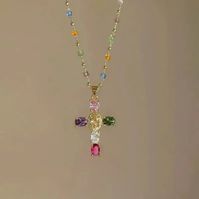 Colorful Stone Cross Necklace