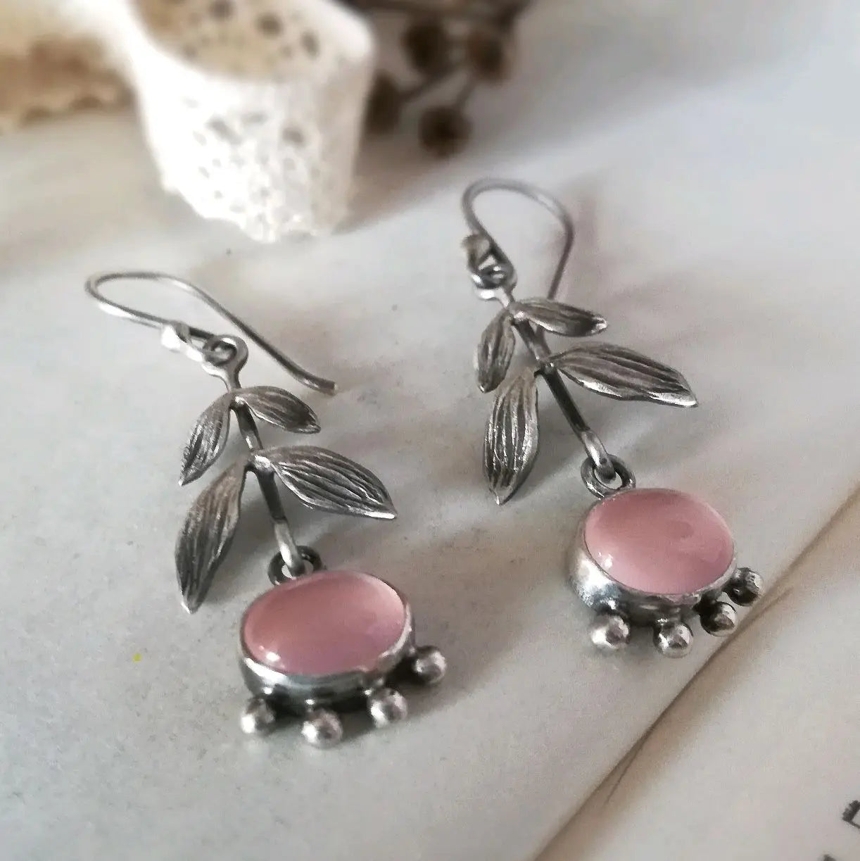 Silver Leafy Rose Quartz Drop Earrings