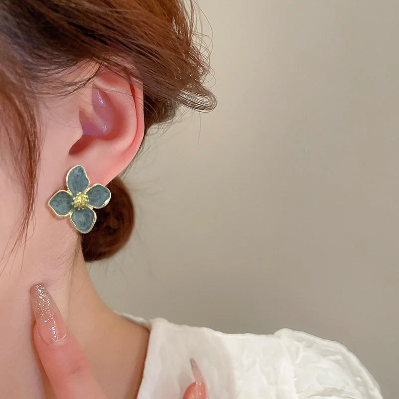 Elegant Light Green Enamel Petal Stud Earrings