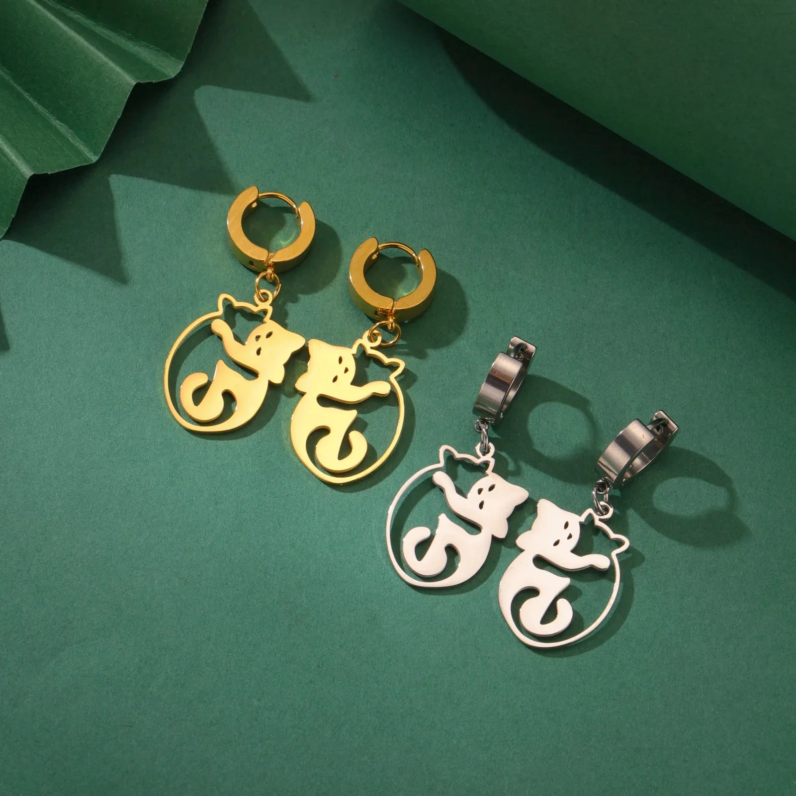 Cat Hug Drop Earrings — Stainless Steel
