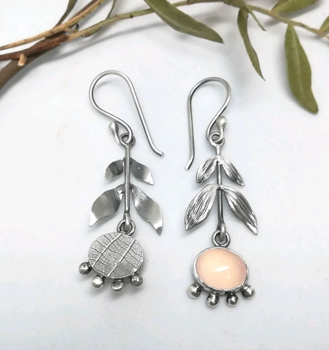 Silver Leafy Rose Quartz Drop Earrings
