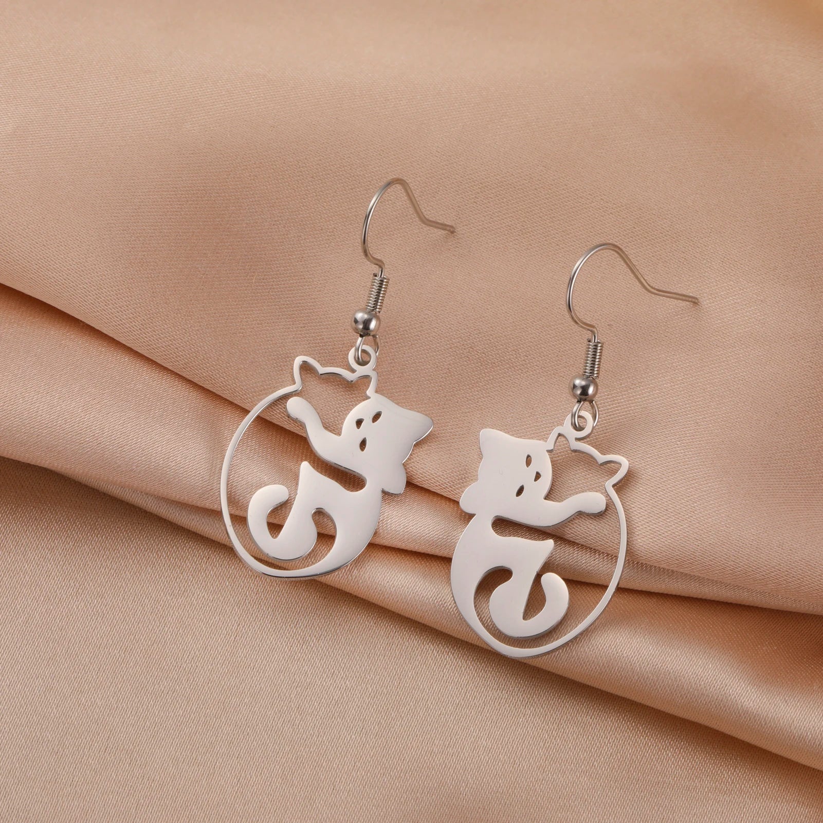 Cat Hug Drop Earrings — Stainless Steel