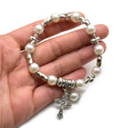 White Glass Pearl Cross Elastic Rosary
