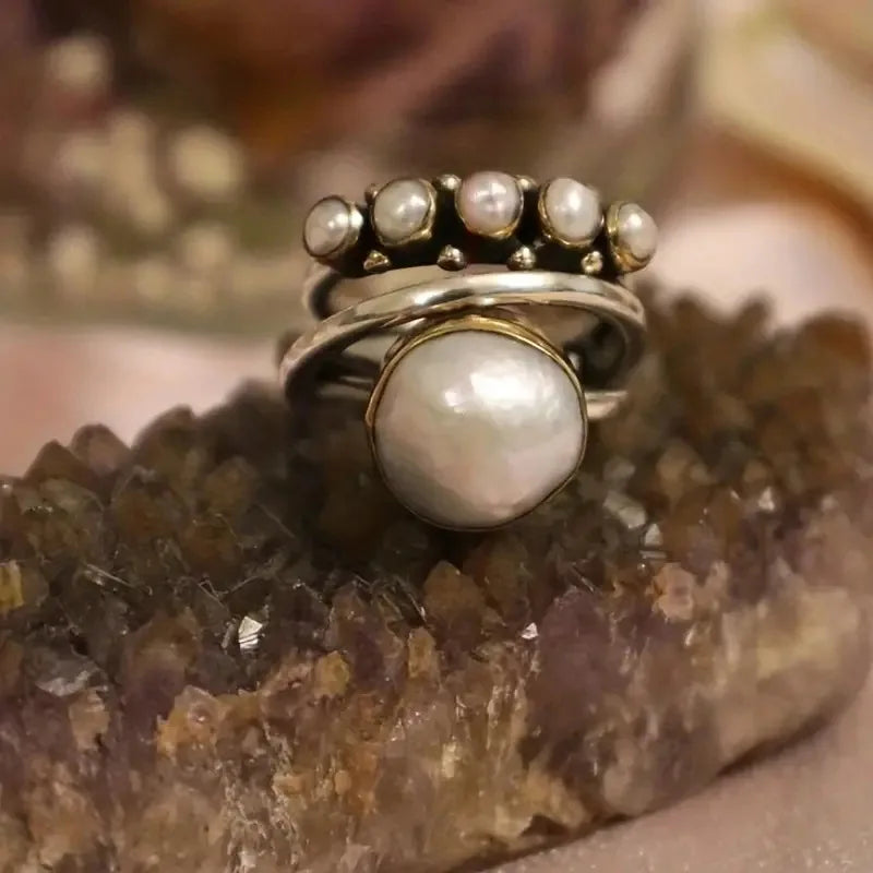 Silver Pearl Stacking Ring Set