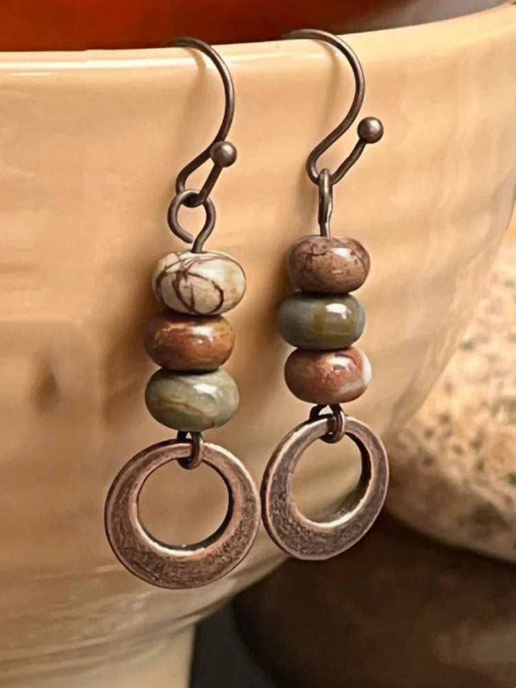 Rustic Stone Bead Hoop Earrings