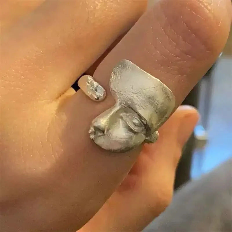 Silver Abstract Face Adjustable Ring