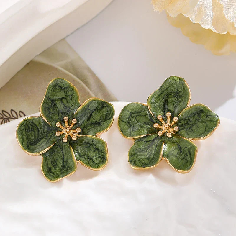 Vintage Green Enamel Flower Stud Earrings