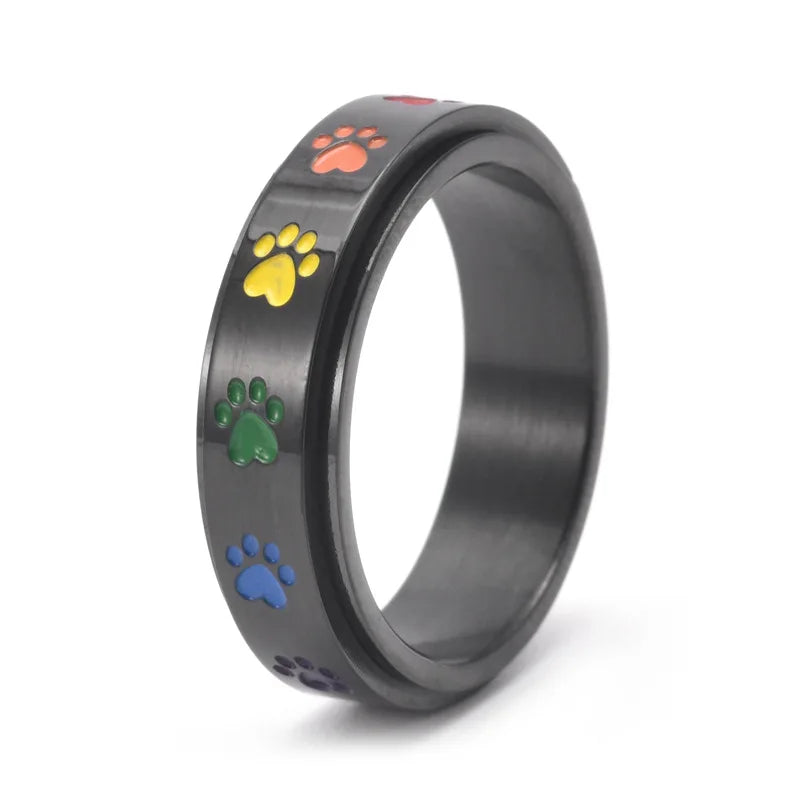 Spinning Stress Reducing Paw Ring Stainless Steel with Rainbow Paws