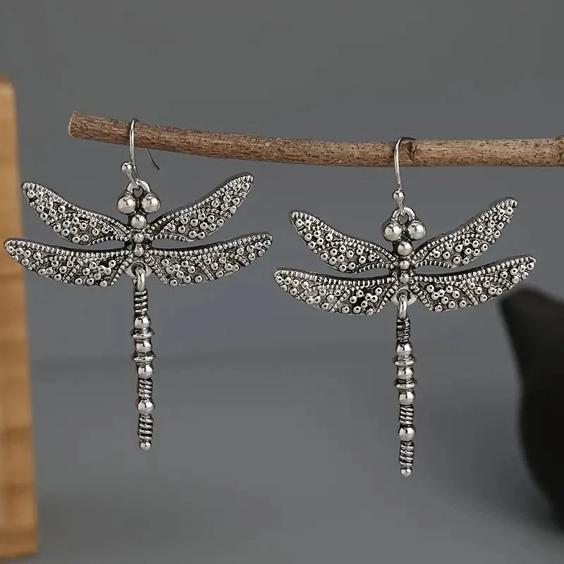 Silver Vintage Dragonfly Carved Pattern Retro Earrings