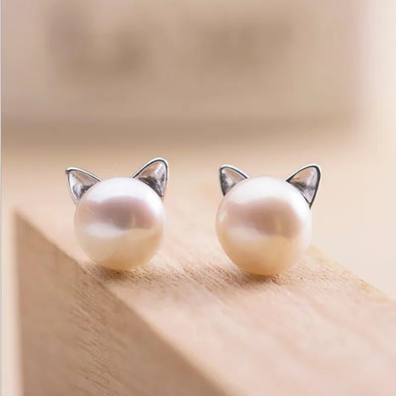 Silver Cat Pearl Stud Earrings