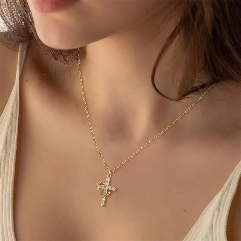 Gold Crown Cross Necklace