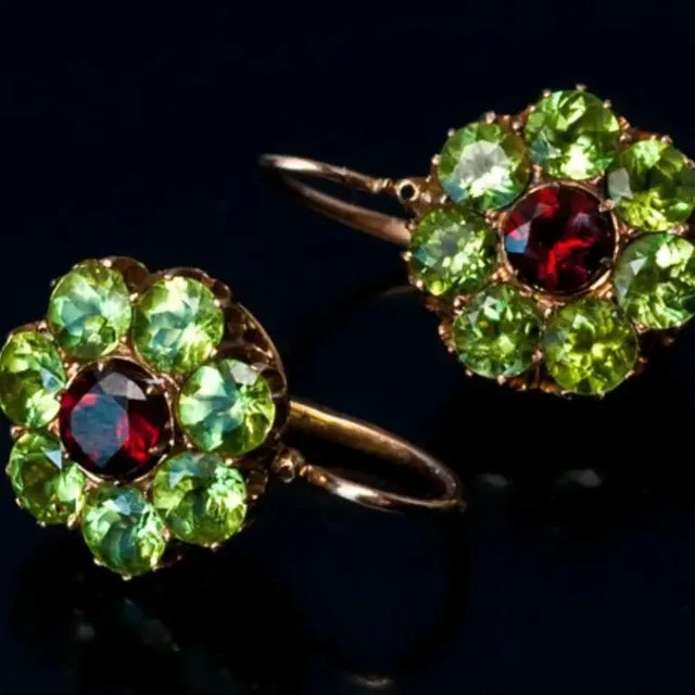 Vintage Round Green and Red Crystal Earrings