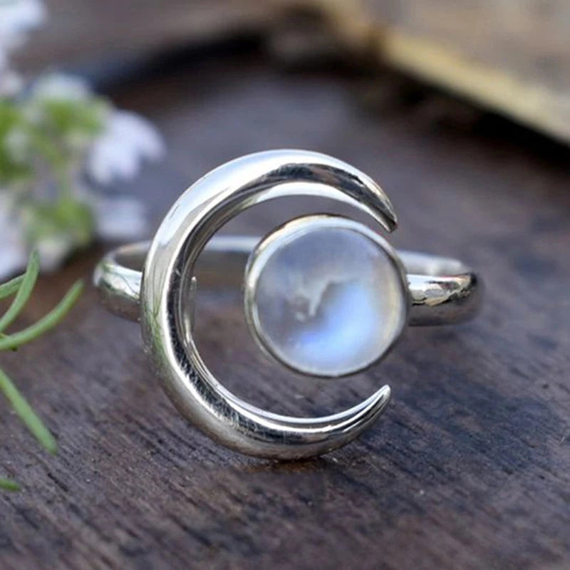 Crescent Moon Silver Moonstone Ring
