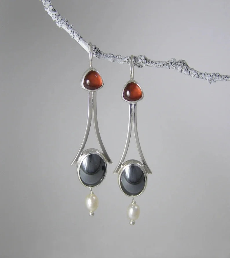 Silver Tri-Stone Pearl Drop Earrings