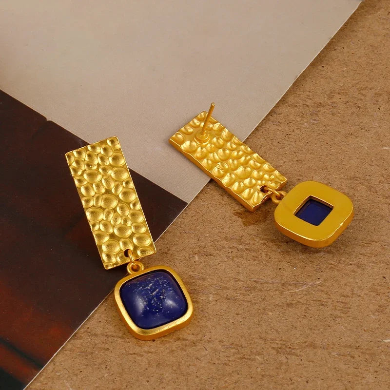 Boho Lapis Lazuli Square Shape Drop Earrings