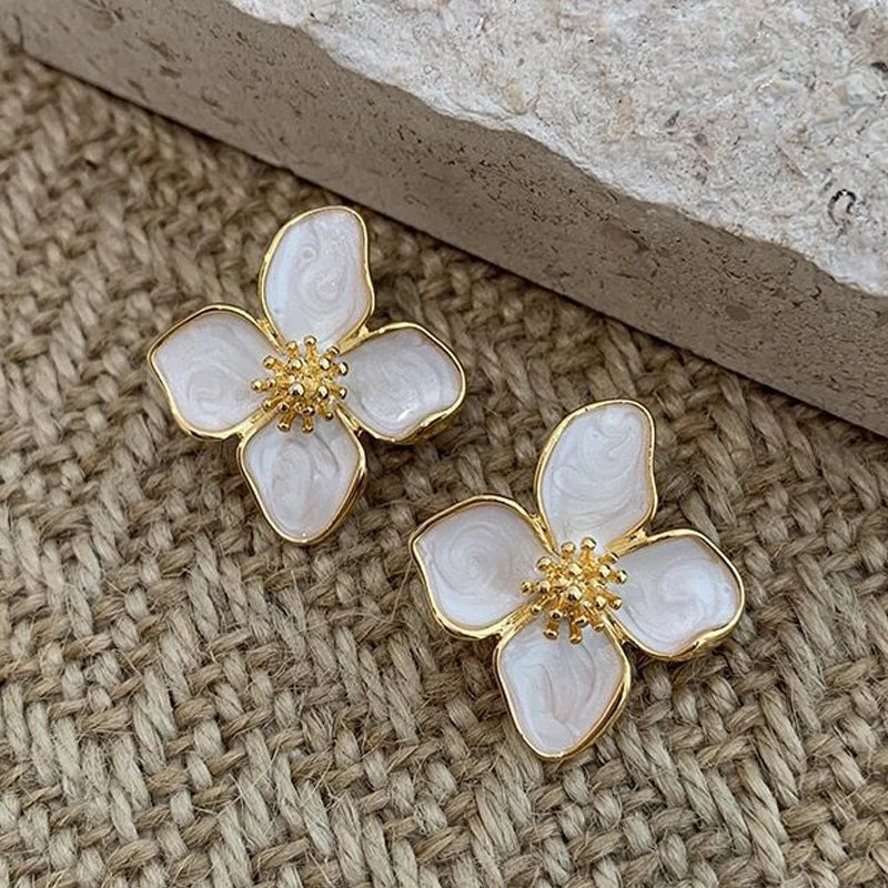 Elegant White Enamel Flower Earrings
