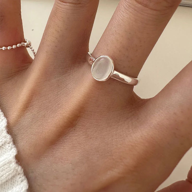 Silver Oval Moonstone Minimal Ring