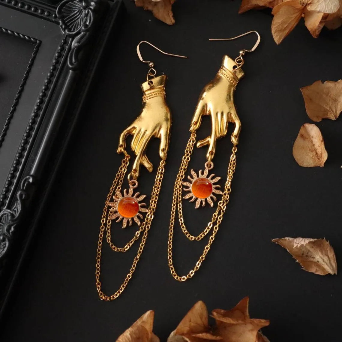 Golden Hand Sunburst Chain Earrings
