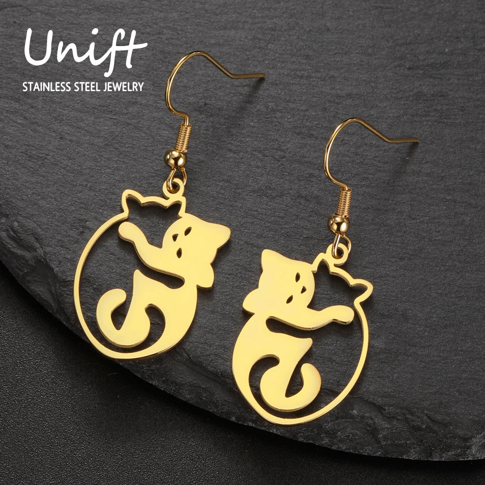 Cat Hug Drop Earrings — Stainless Steel
