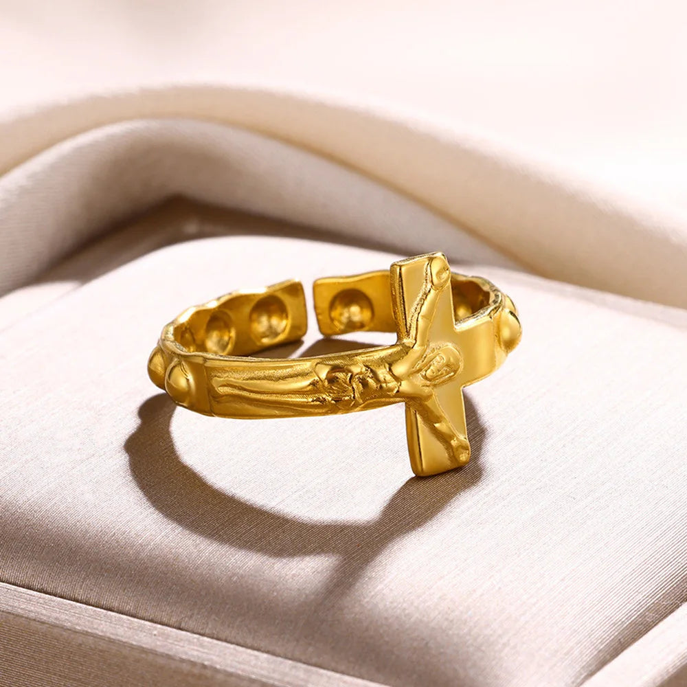 Adjustable Gold Cross Ring