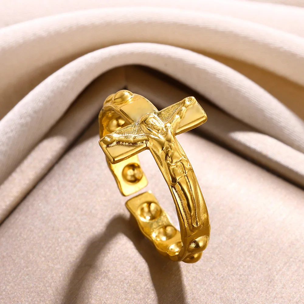 Adjustable Gold Cross Ring