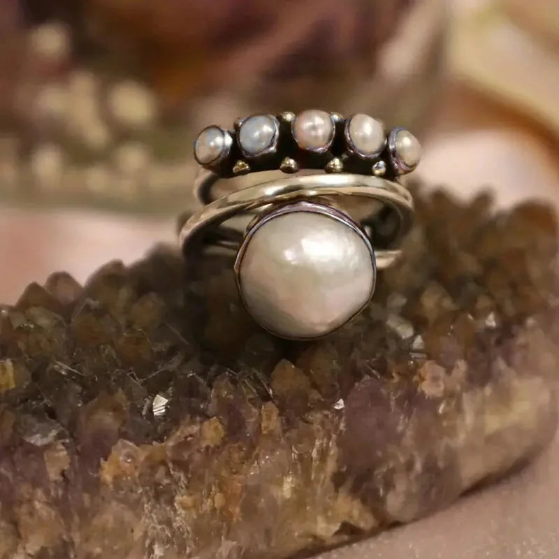 Silver Pearl Stacking Ring Set