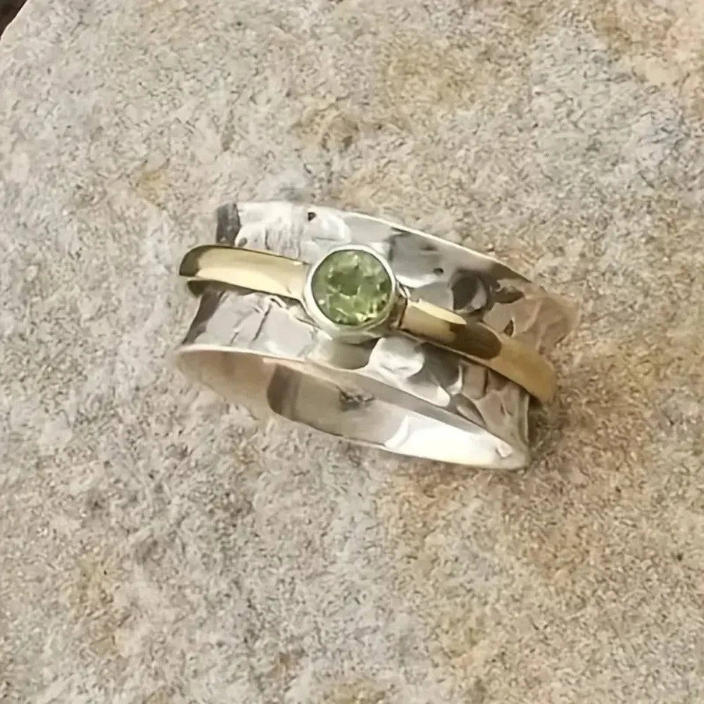 Hammered Silver Gold Peridot Band