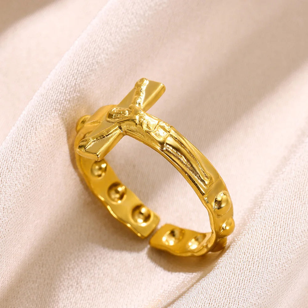 Adjustable Gold Cross Ring