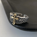Adjustable Retro Cross Feather Wing Ring
