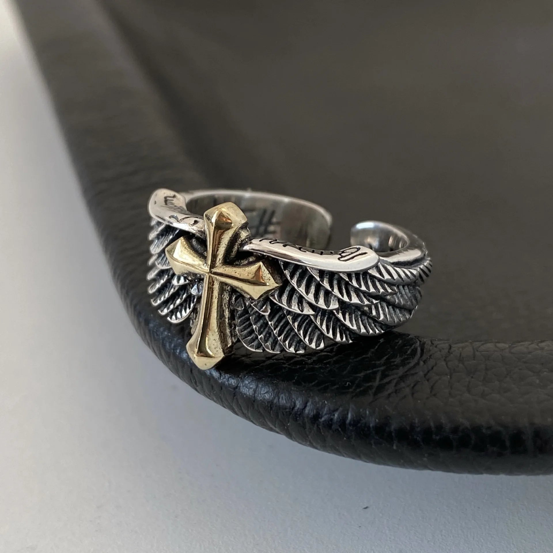 Adjustable Retro Cross Feather Wing Ring