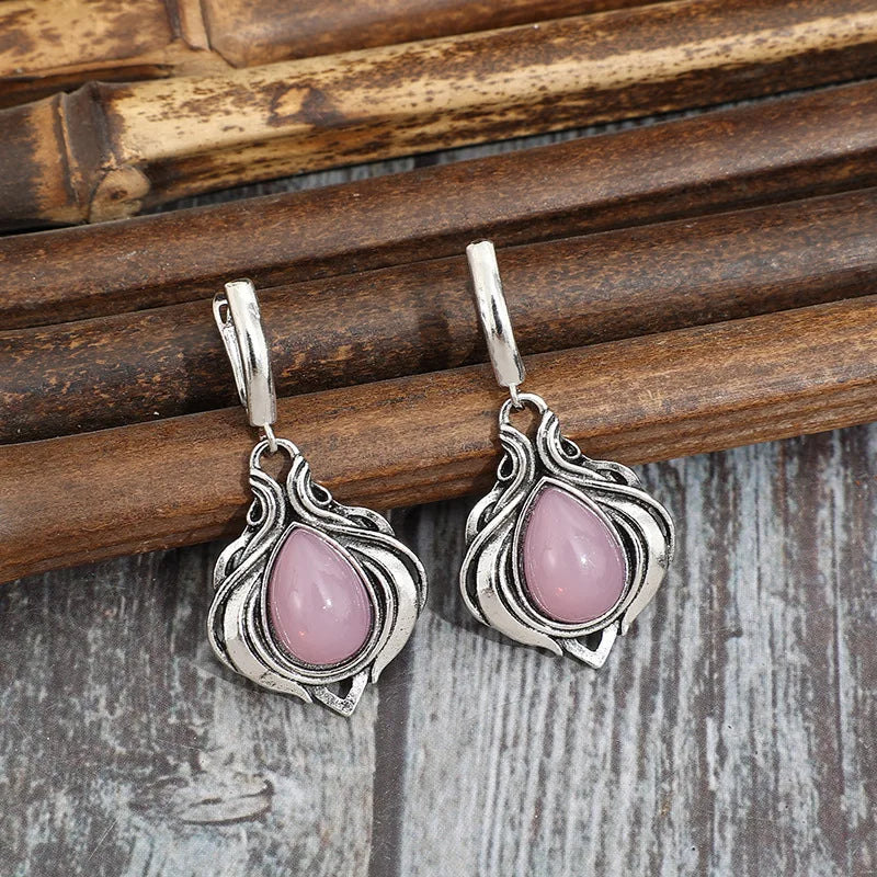 Vintage Victorian Style Water Droplet Inlaid with Pink Stones Earrings