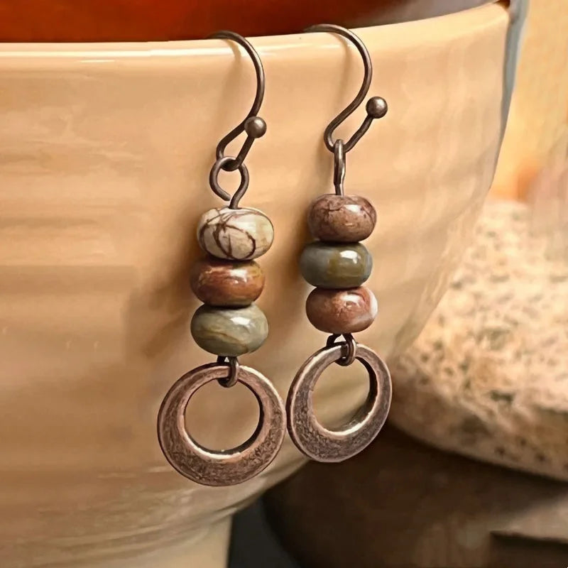 Rustic Stone Bead Hoop Earrings