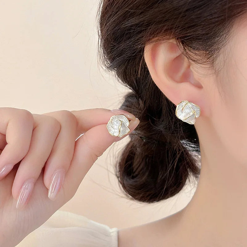 Elegant White Enamel Layered Flower Stud Earrings