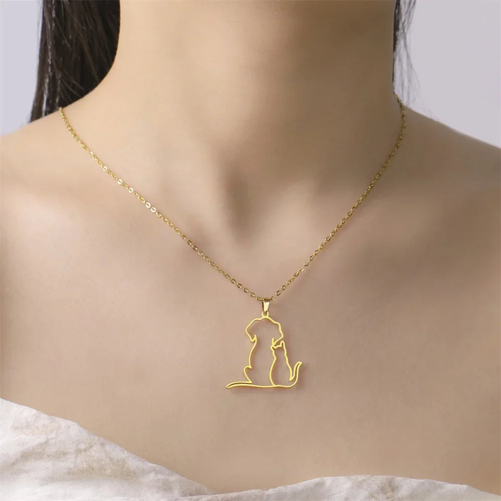 Puppy & Kitten Hug Necklace — Stainless Steel