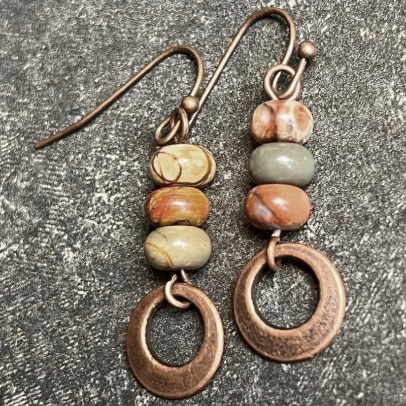 Rustic Stone Bead Hoop Earrings
