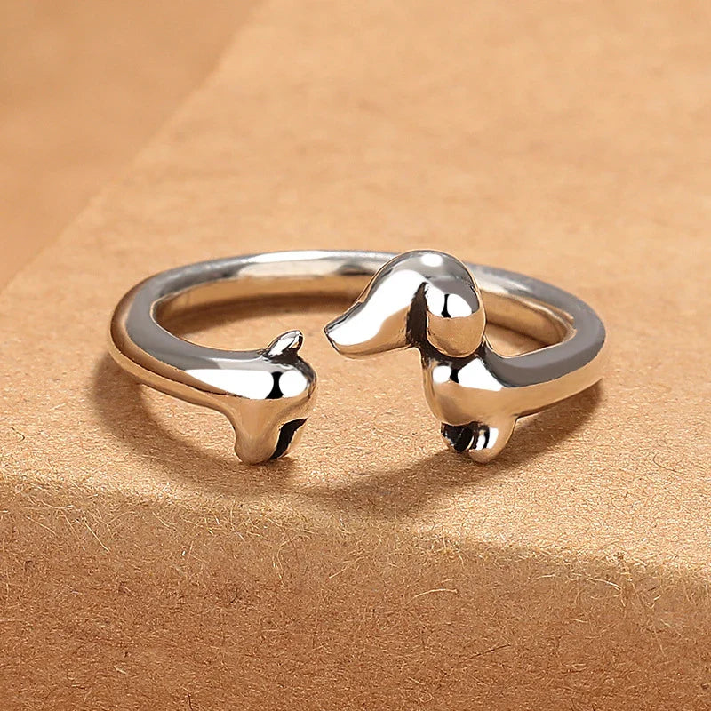 Dachshund Hug Adjustable Ring — Silver-Tone